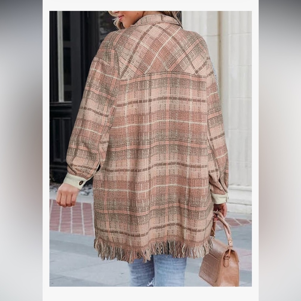 NWOT Casual Plaid Shacket Long Sleeve Button Down Oversized Shirt Jacket Coat - Picture 2 of 6